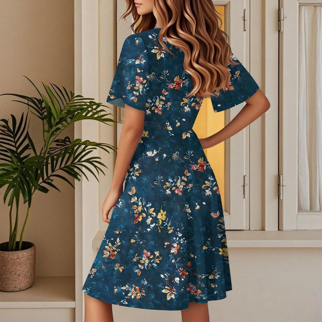 Women's Floral Short Sleeves Long Dress V-neck Sexy Casual Loose Elegant Dress Beach Hawaiian Holiday