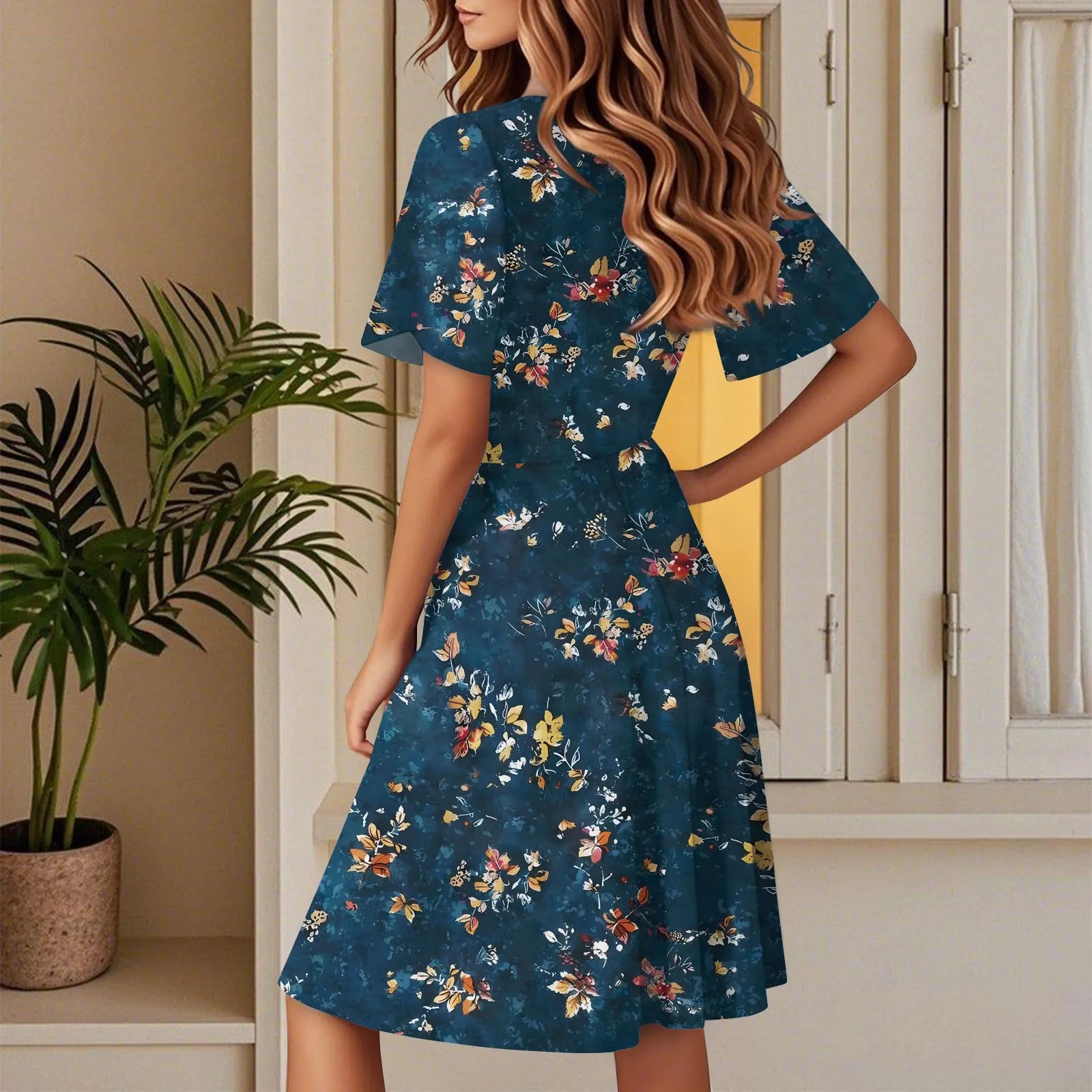 Women's Floral Short Sleeves Long Dress V-neck Sexy Casual Loose Elegant Dress Beach Hawaiian Holiday