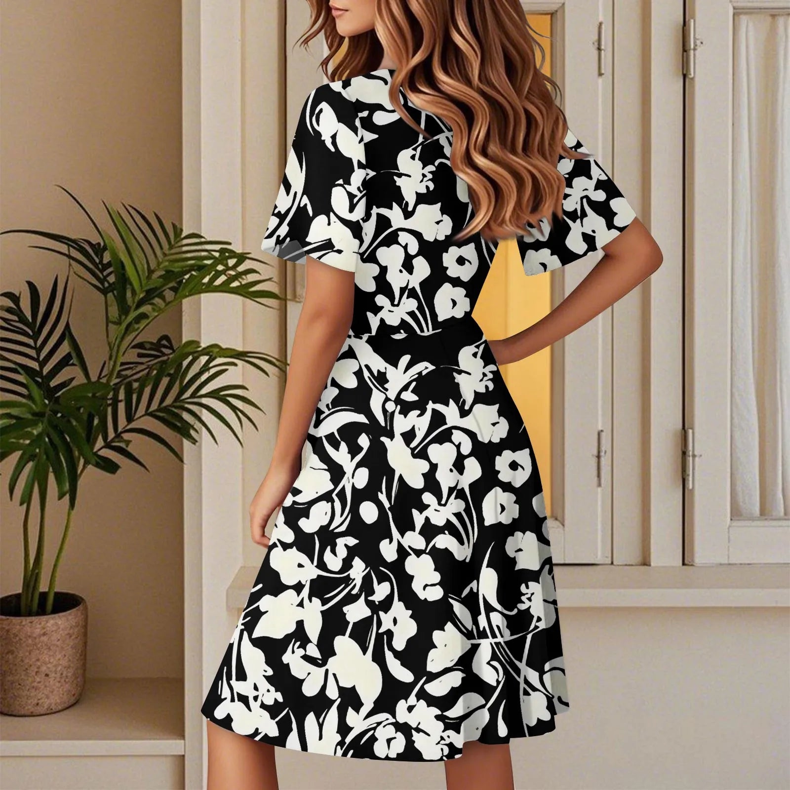 Women's Floral Short Sleeves Long Dress V-neck Sexy Casual Loose Elegant Dress Beach Hawaiian Holiday