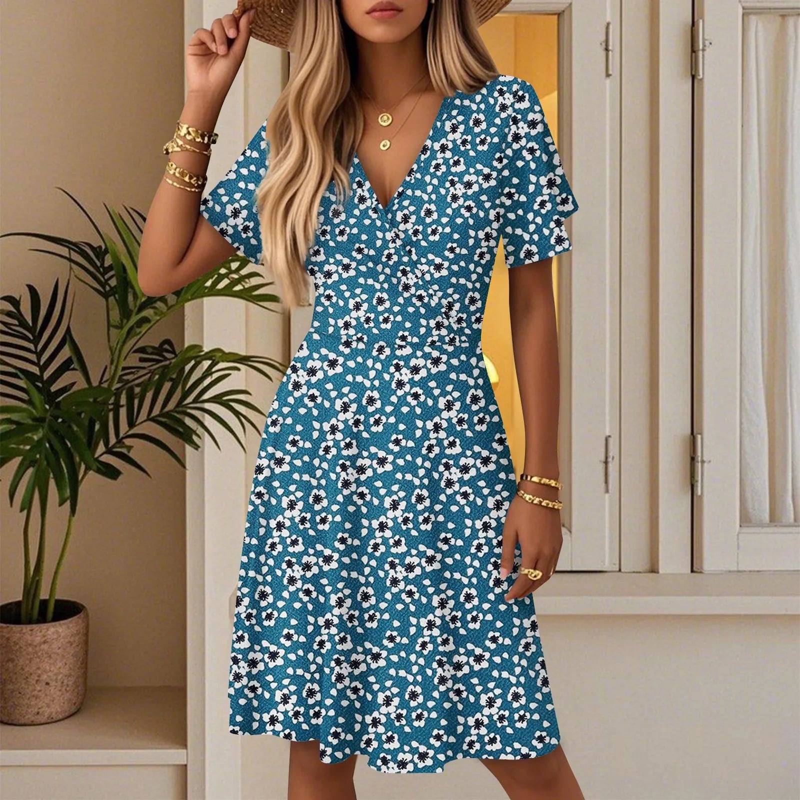 Women's Floral Short Sleeves Long Dress V-neck Sexy Casual Loose Elegant Dress Beach Hawaiian Holiday