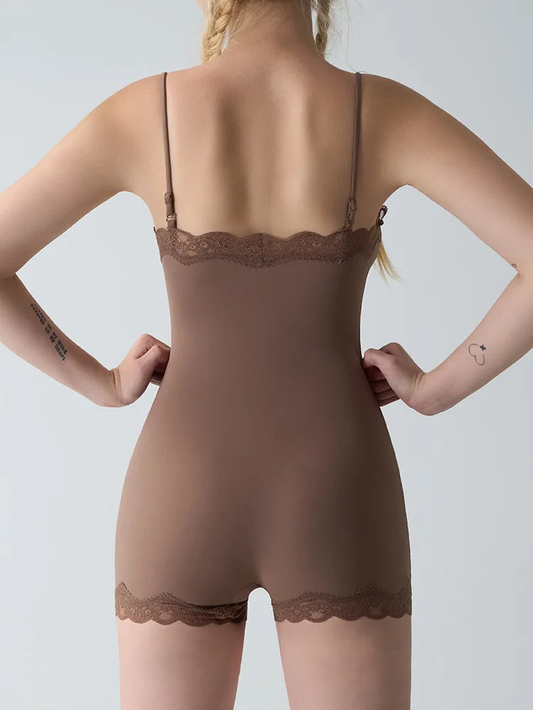 Women Lace Bodysuit Shaperwear Square Neck Sleeveless Spaghetti Strap Jumpsuit Slimming Bodycon Rompers Tank Tops