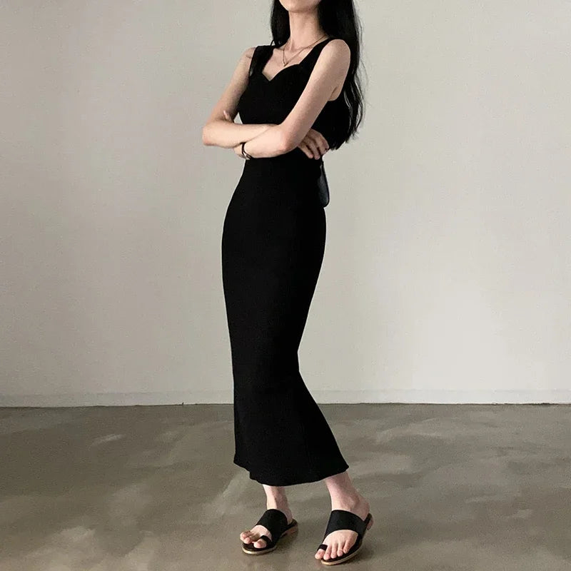 2025 Basic Knit Long Dress Korean Fashion Square Collar Sleeveless Women's Dresses Summer.