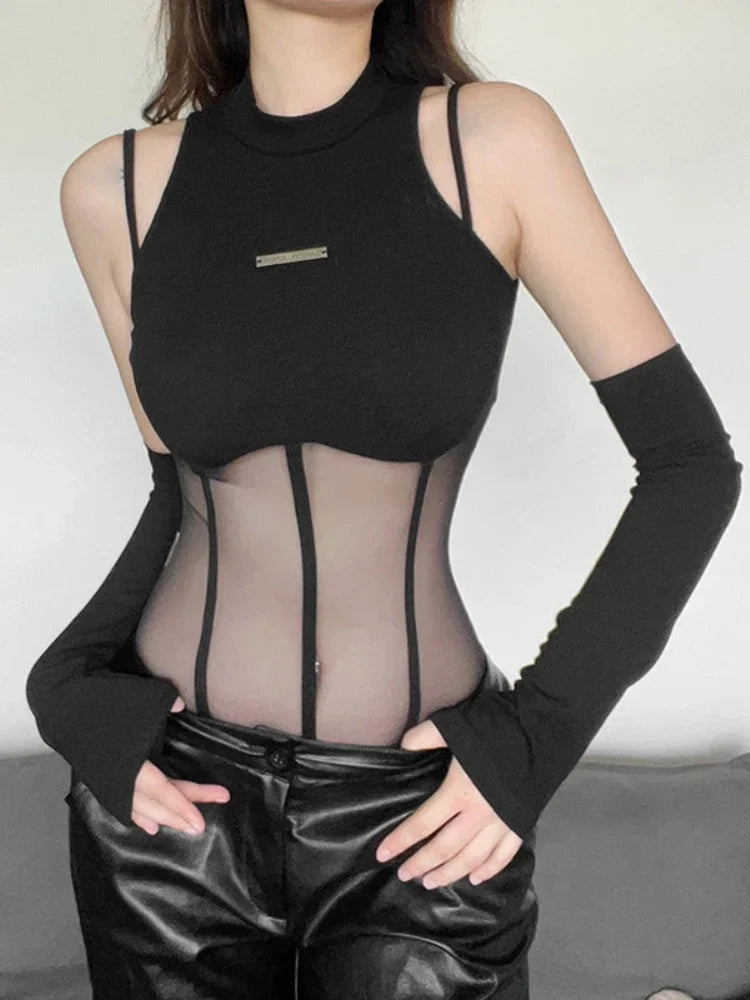 Black Bodysuit Lingerie  Body Feminino See Through Corset Top Women Rave Outfit Mesh Patchwork One-Pieces Lenceria Femenina