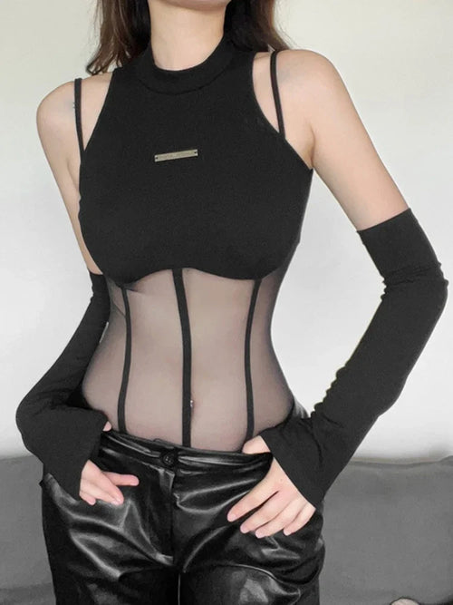 Black Bodysuit Lingerie  Body Feminino See Through Corset Top Women Rave Outfit Mesh Patchwork One-Pieces Lenceria Femenina