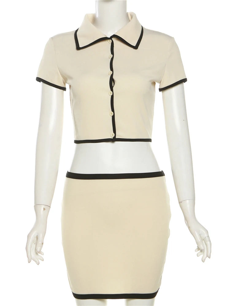 Weird Puss Ribbed Women 2 Piece Set Polo Neck Button Shorts Crop Tops+Mini Skirts Matching Stretch Elegant Streetwear Outfits