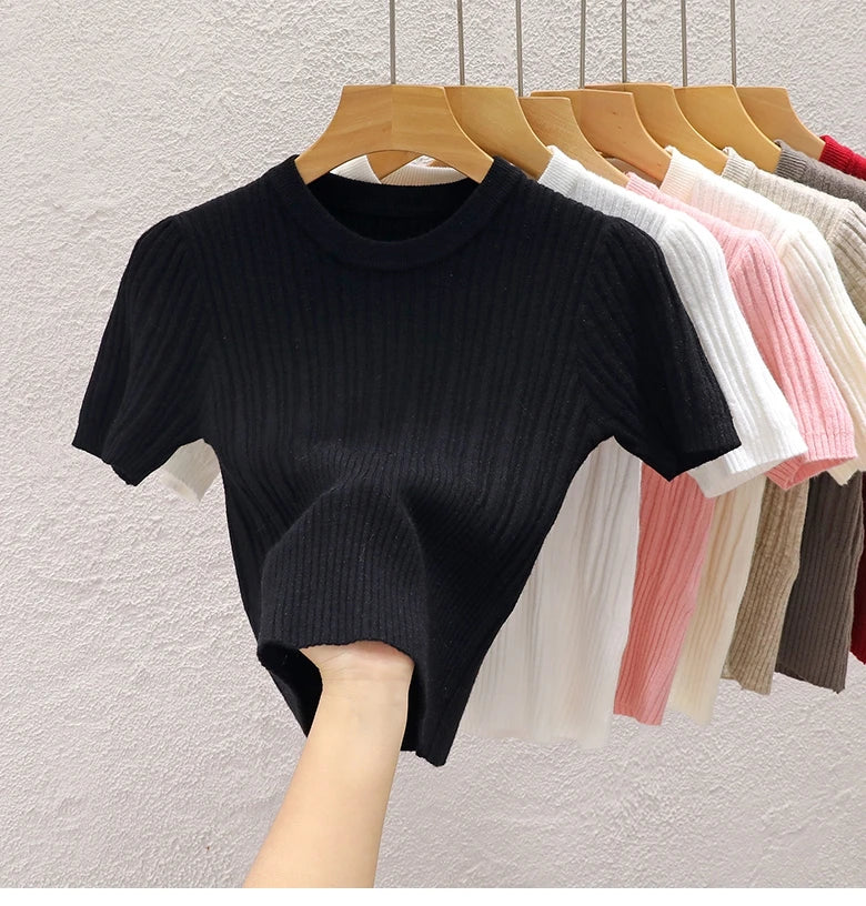 2025 Summer T shirts for Women Casual Female Korean Knit Streetwear Tees Basic Solid Young Cool Tops