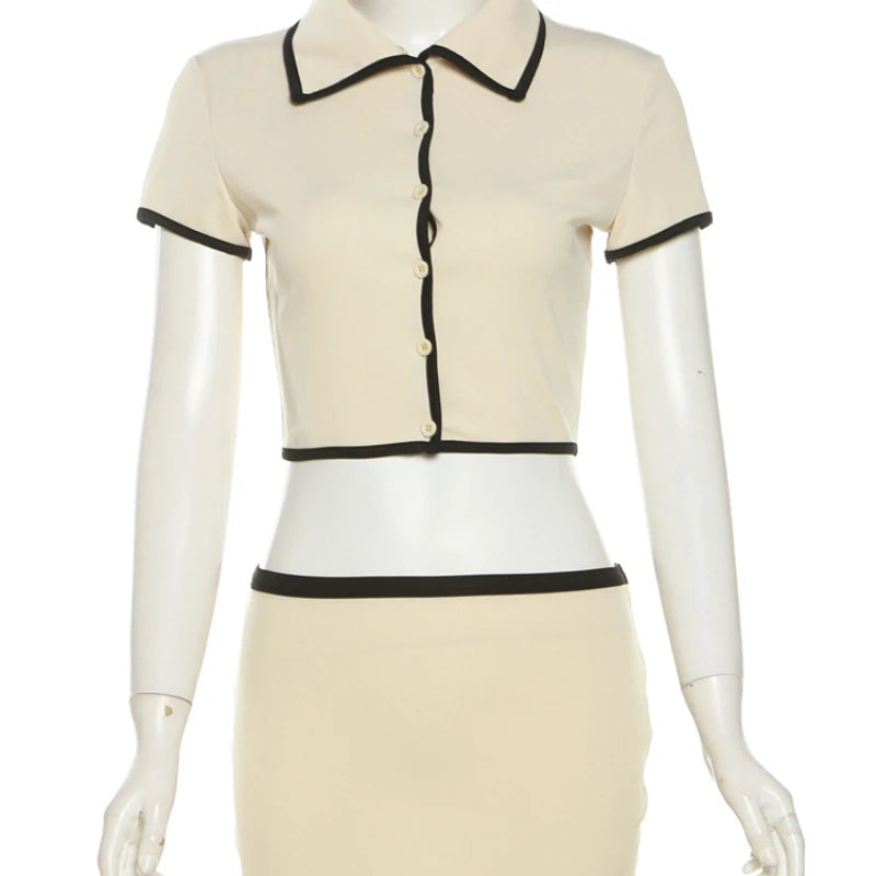 Weird Puss Ribbed Women 2 Piece Set Polo Neck Button Shorts Crop Tops+Mini Skirts Matching Stretch Elegant Streetwear Outfits