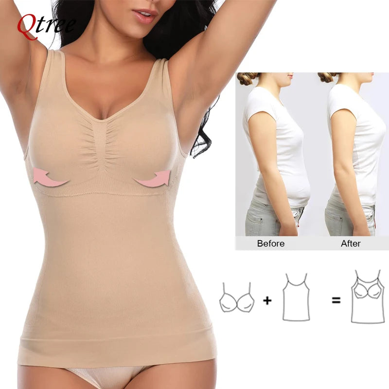 Women's Tummy Control Shapewear Classic 2-IN-1 with Padded Bra, High Elastic Stretch Vest Body Shaper Slim Up Lift Corset