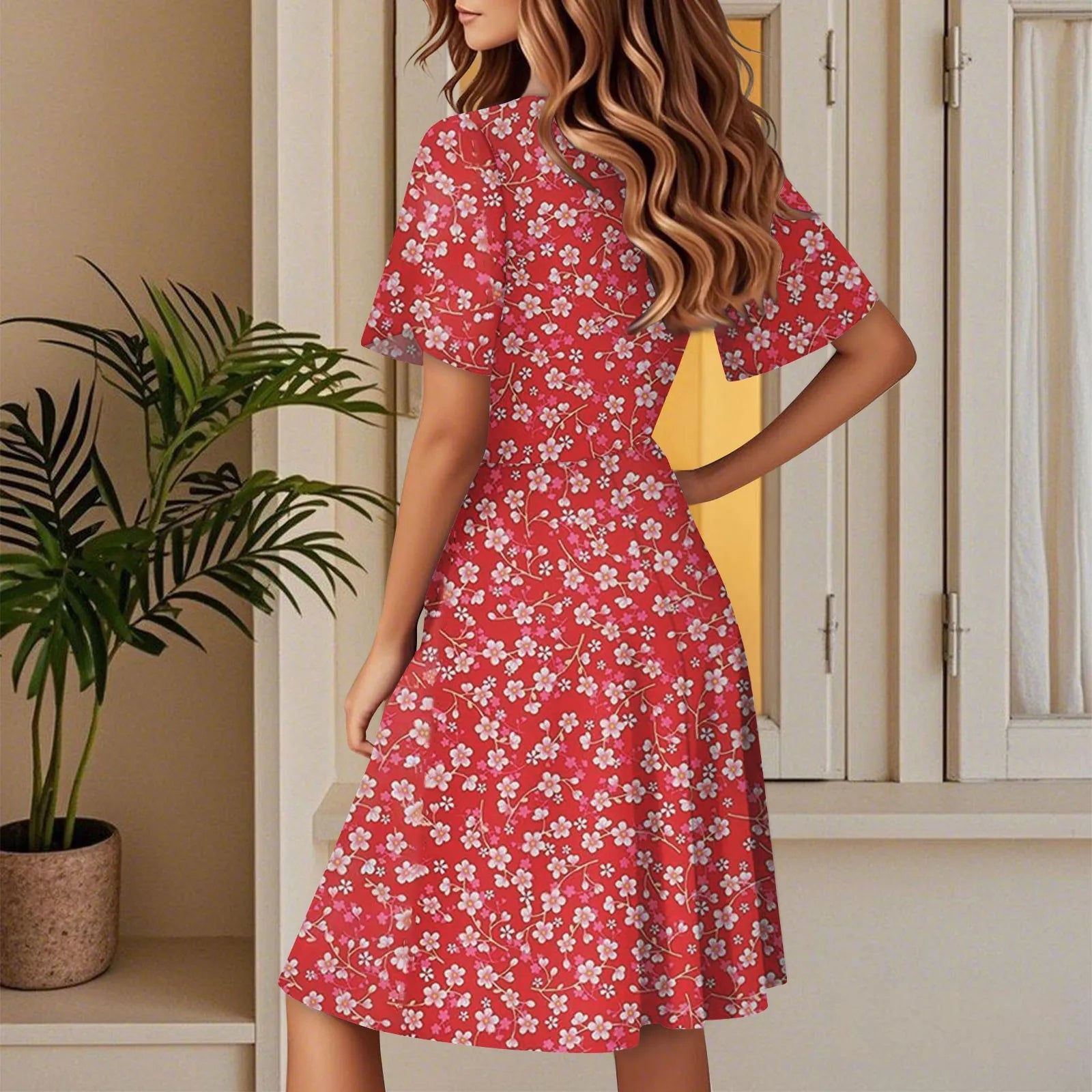 Women's Floral Short Sleeves Long Dress V-neck Sexy Casual Loose Elegant Dress Beach Hawaiian Holiday