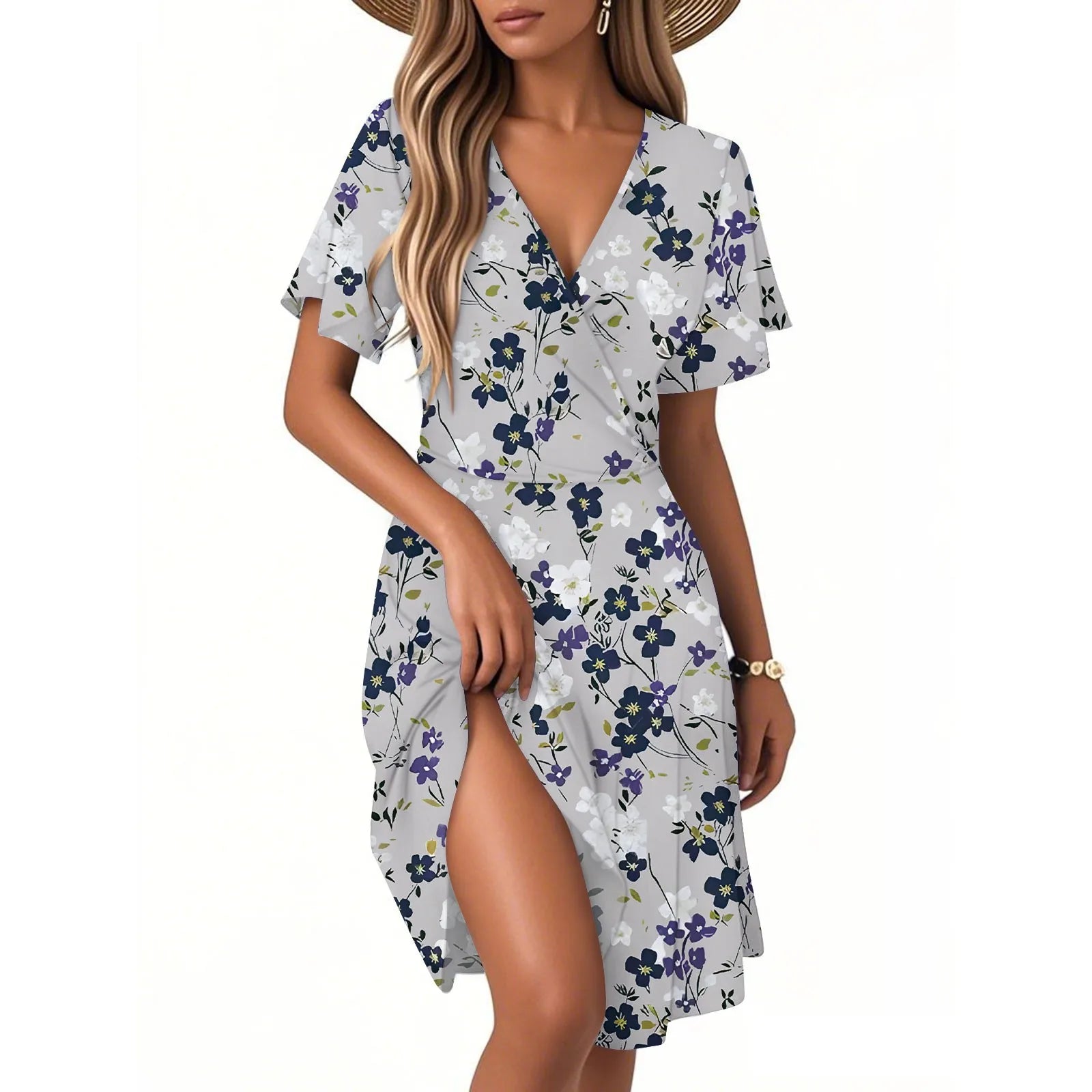 Women's Floral Short Sleeves Long Dress V-neck Sexy Casual Loose Elegant Dress Beach Hawaiian Holiday