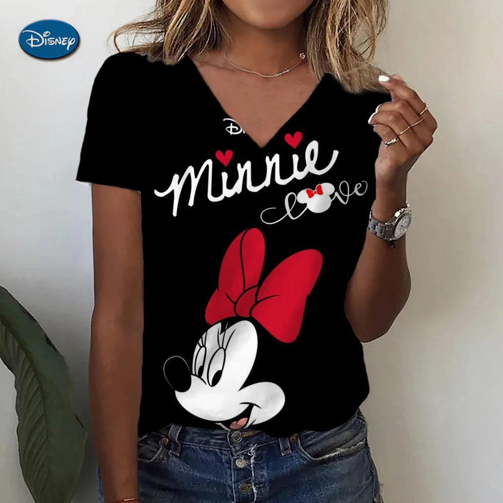 Women's T-shirts Disney Mickey Mouse 3D print New V-neck Short Sleeve Summer Casual